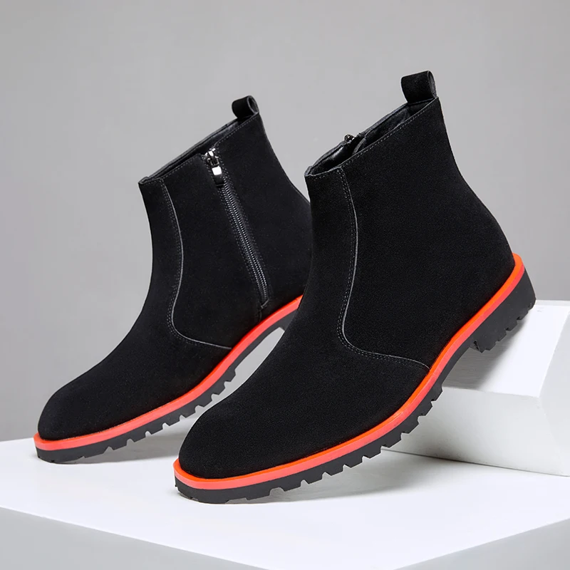 

Осенние дизайнерские черно-коричневые замшевые ботинки челси с винтажным дизайном на молнии, на нескользящей резиновой подошве, мужские повседневные ботинки до щиколотки
