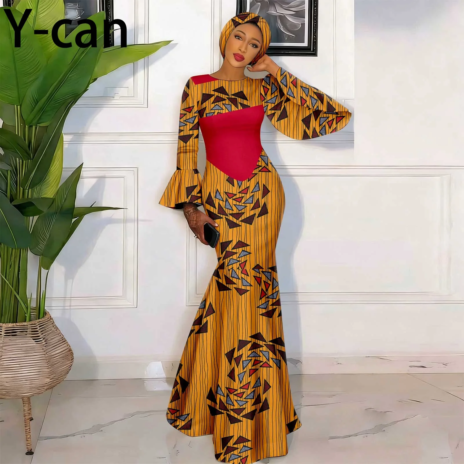 African Dresses for Women Dashiki Ankara Print Long Flare Sleeves Patchwork Gown And Headscarf for Party Wedding 2625021