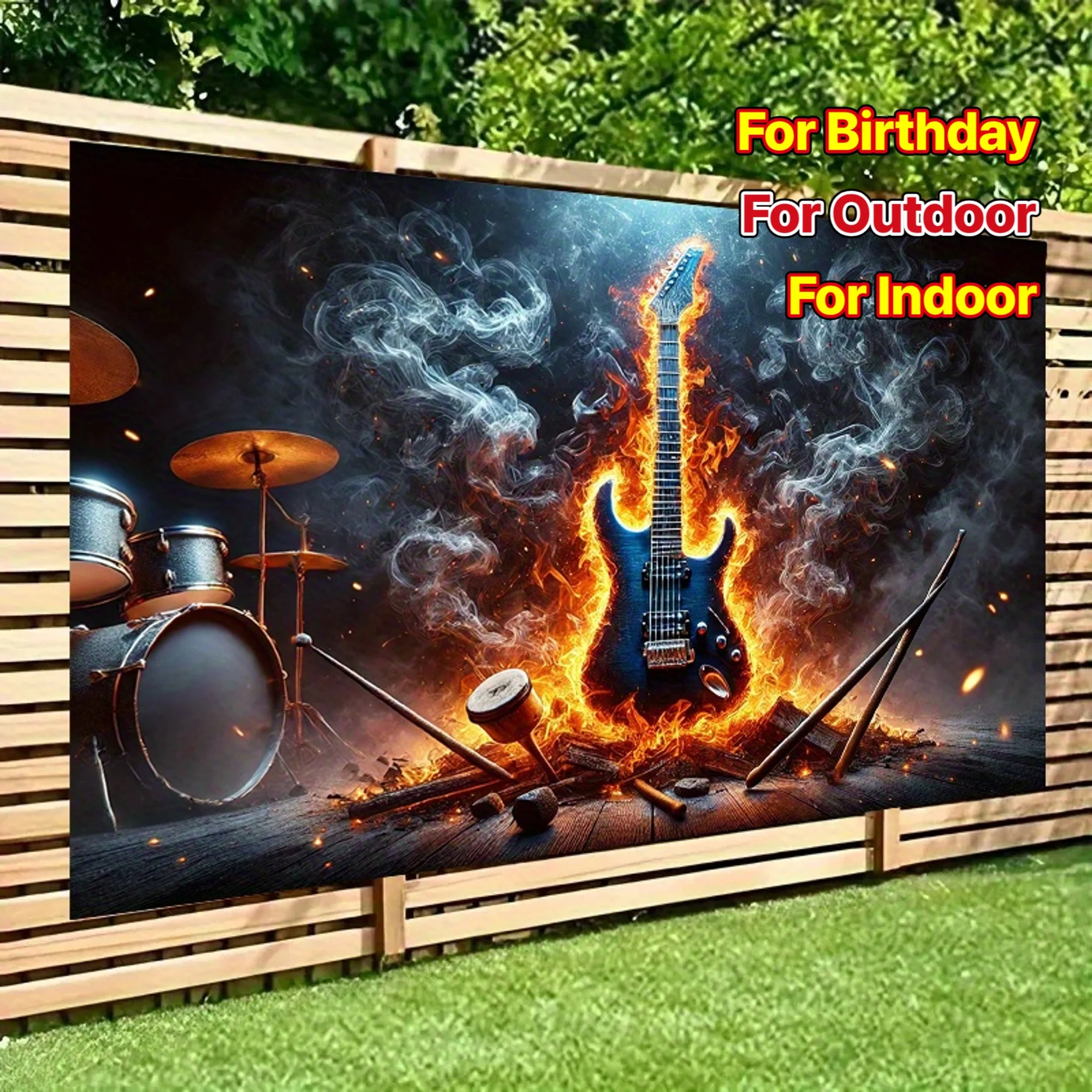 1pc Flaming Guitar Music Backdrop 2D Flat Printing Tapestry with Drum Set for Rock Concert or Birthday Party