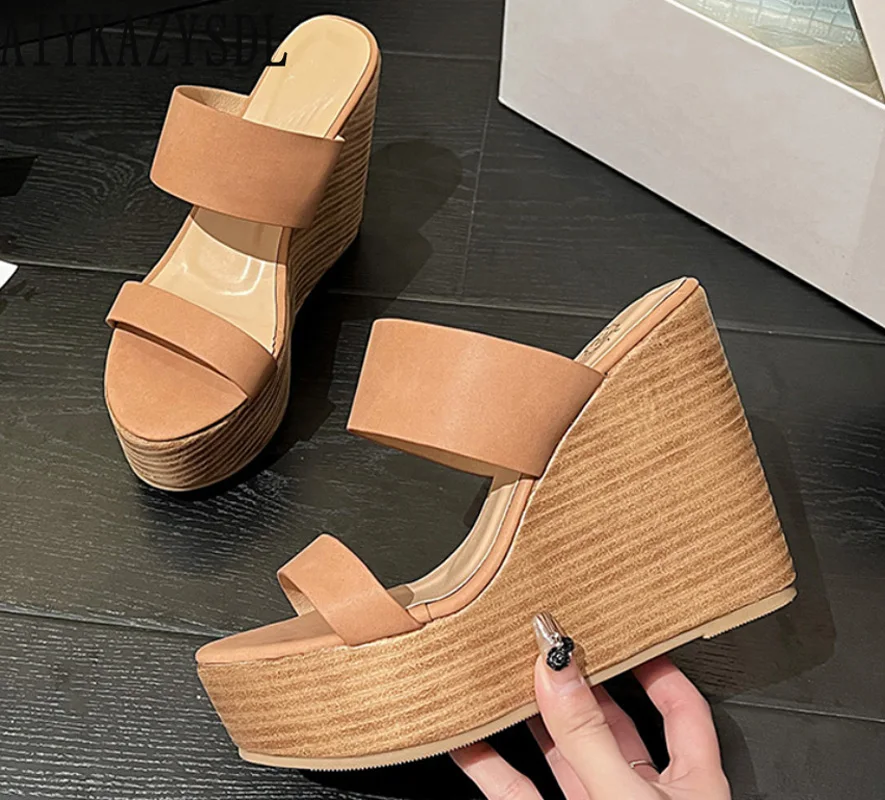 AIYKAZYSDL Wood Print Mules Women Platform Wedge High Heel Slippers Outdoor Shoes Thick Sole Bottom Solid Sandals Slides 2023