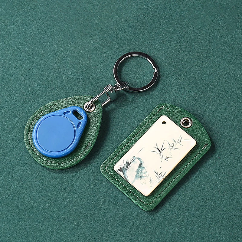 Leather Card Holder Keychain Key Ring Door Lock Access Tags ID Card Case Keychain Access Card Bag Key Tag Ring