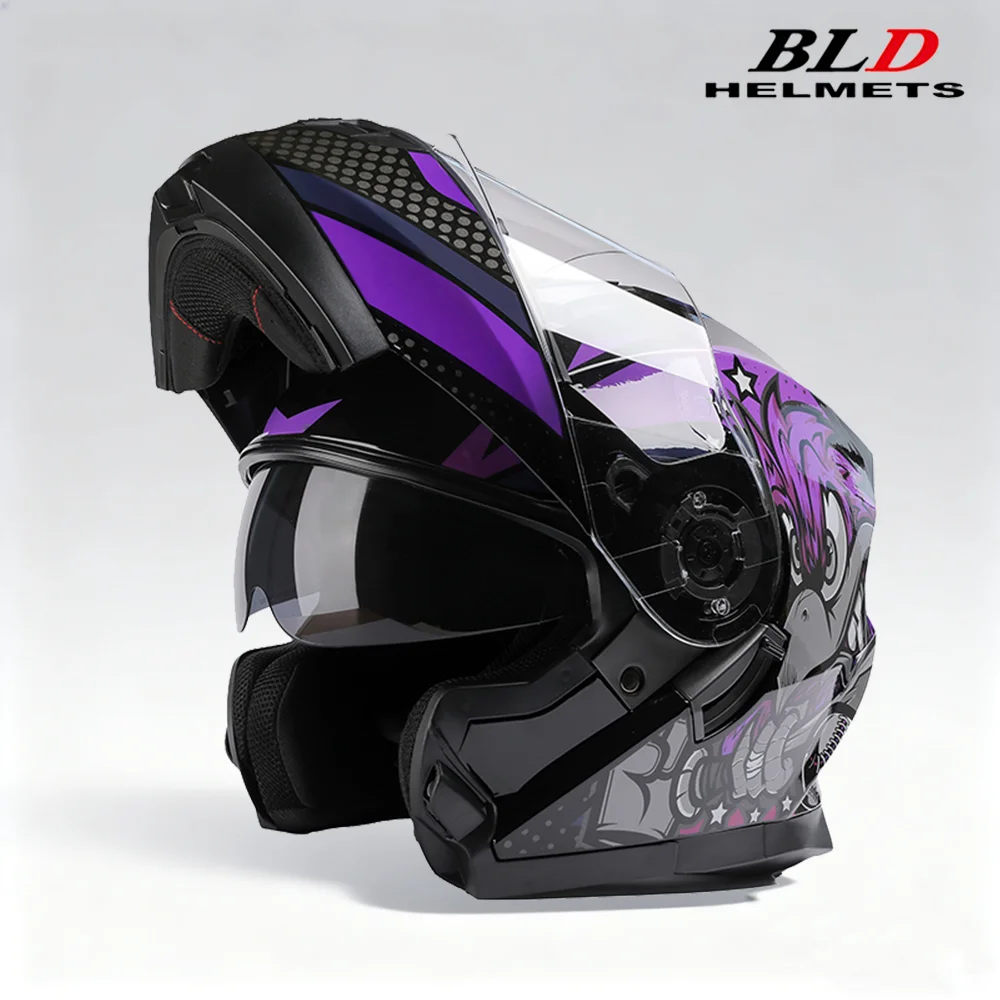 BLD Modular Motorcycle Full Face Helmet ECE Flip-up Double Anti-Fog Visor Purple Bird Sport Design In Stock Adult Men and Women