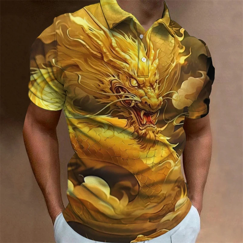 2024 Animal Polo T-Shirts For Men 3d Chinese Loong Printed Men\'s Clothing Oversized Shirts Summer Casual Short Sleeved Tops Tees