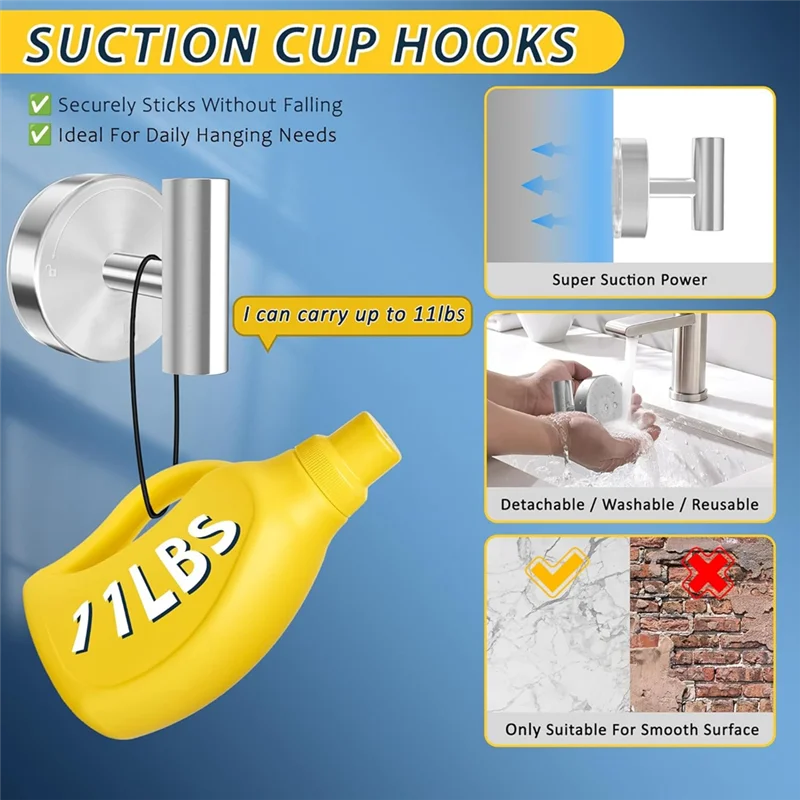 AT63-Heavy Duty Suction Cup Hooks 4Pcs For Shower Glass Window No Drill Bathroom Hooks For Towels, Coat