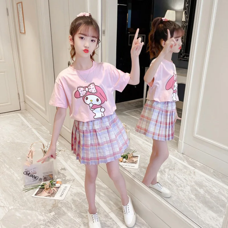 New Kawaii Sanrio Cinnamoroll Mymelody Kids Sets Cartoon Anime Short Sleeve Skirt Academy Style Summer Two Piece Set Toy Gifts