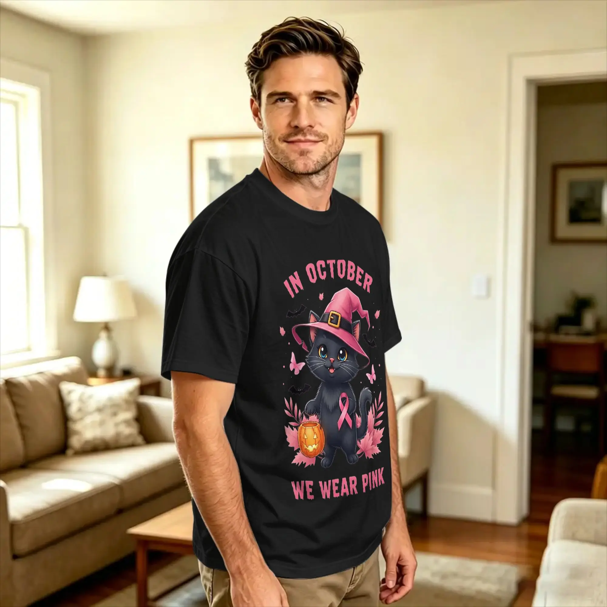 Fun Cat Pink Ribbon in October We Wear Pink Breast Cancer T Shirt Summer  Classic T-Shirts Pure Cotton Hip Hop Tshirt For Men