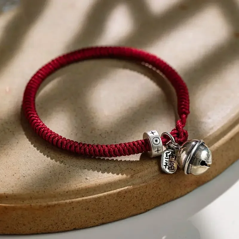 Hand-Woven Diamond Knot Amulet Foot Silver Bell Red Rope Lucky Bracelets  Gift Tibetan-style Jewelry