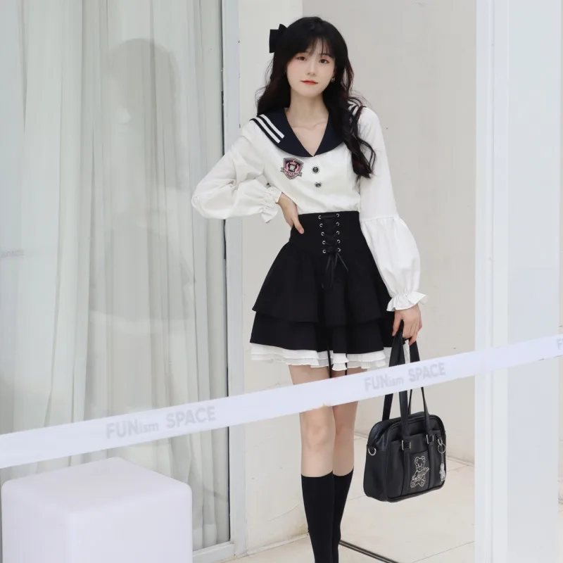 Sweet Lolita Style 2 Piece Skirt Set Women Kawaii Sailor Collar Shirts Slim Mini Skirts Female Korean Fashion JK Uniform Outfit