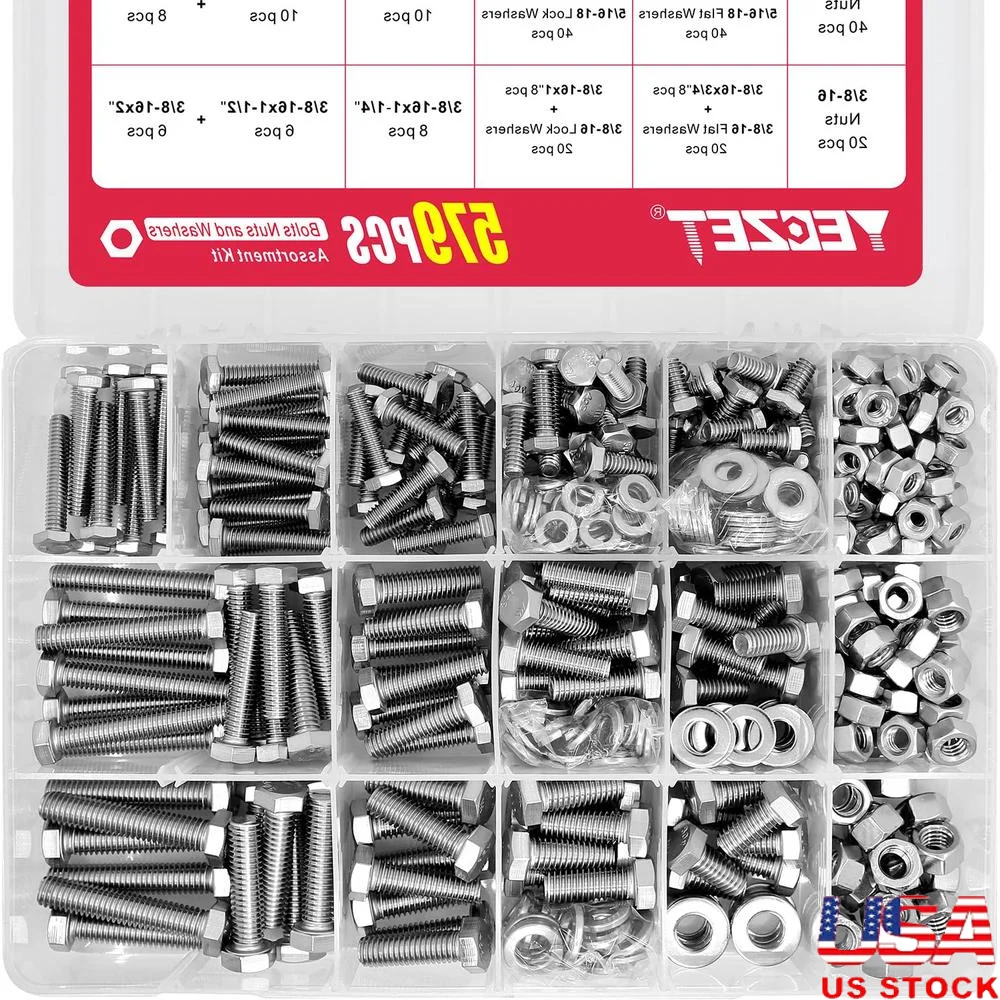 

579PCS Stainless Steel Bolts Nuts Washers Hex Set 304 Heavy Duty Hardware Assortment Home Garage Repairs