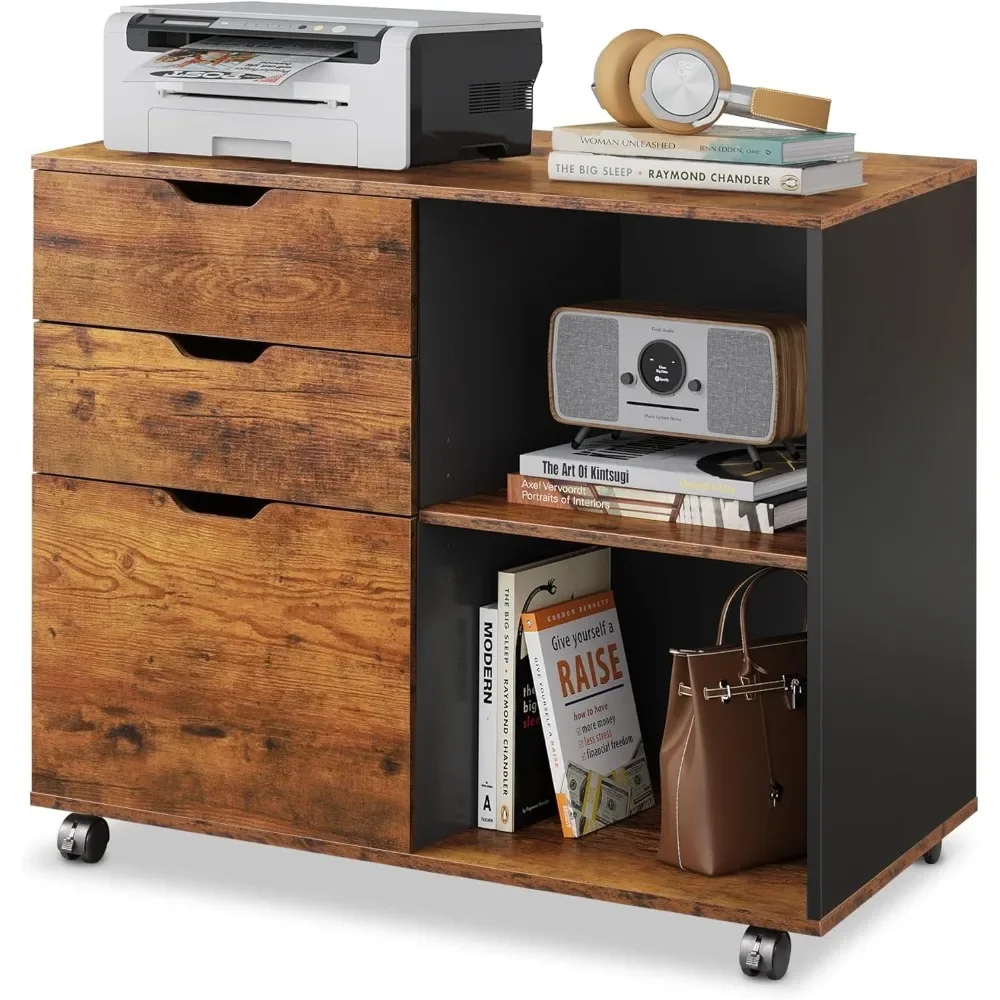 

3-drawer wood file cabinet, mobile lateral filing cabinet, printer stand with open storage shelves for home office, rustic brow