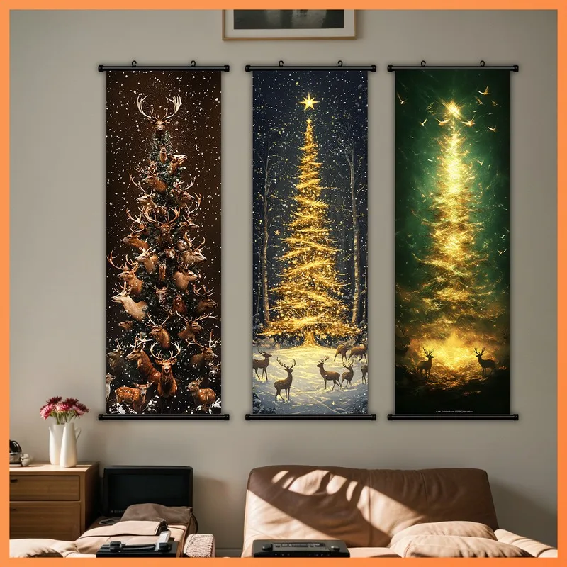 VIKAMA 3PCS Christmas Wall Hanging, Golden Glowing Tree Dark Background Scroll Banner for Xmas Home Door Decor