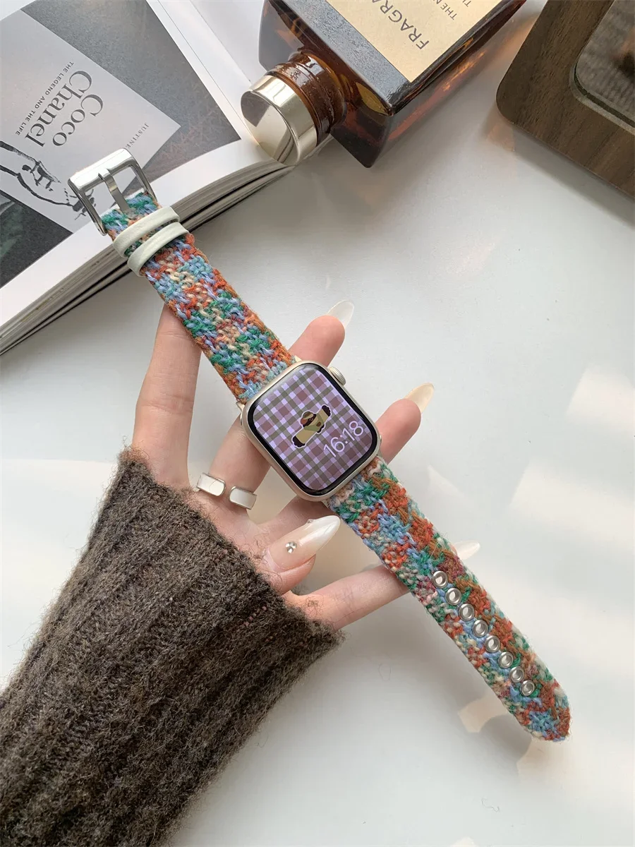 Bracelet en cuir velours à carreaux en laine, adapté pour Apple Watch, iWatch S987 génération 654SE, 41mm ultra, 49mm, 45mm, automne et hiver