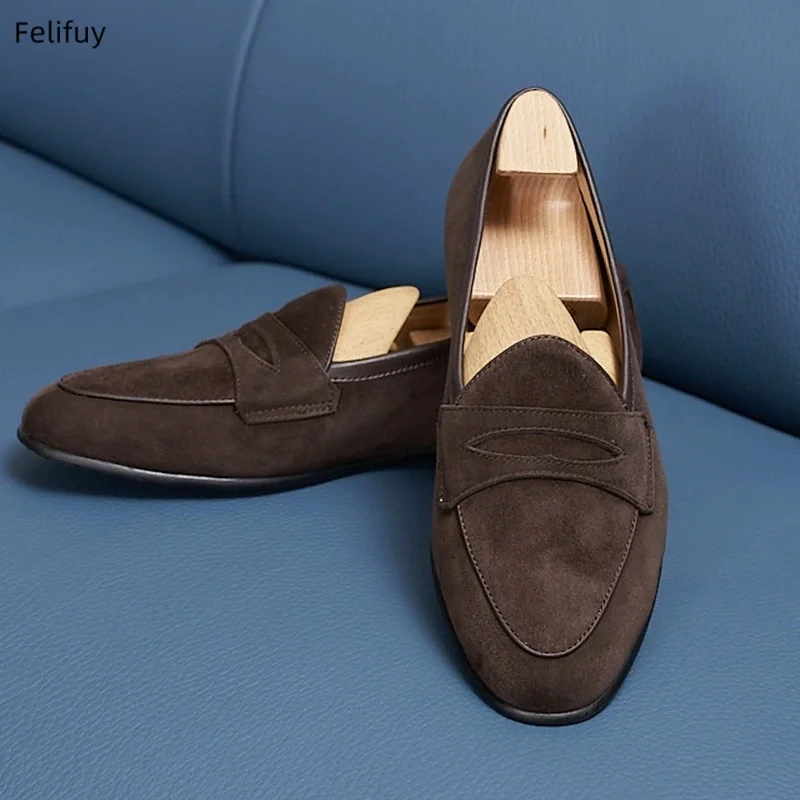 

Мужские повседневные лоферы Coffee: дышащие туфли для вождения с круглым носком, из натуральной кожи, без шнурков, модная брендовая мужская обувь