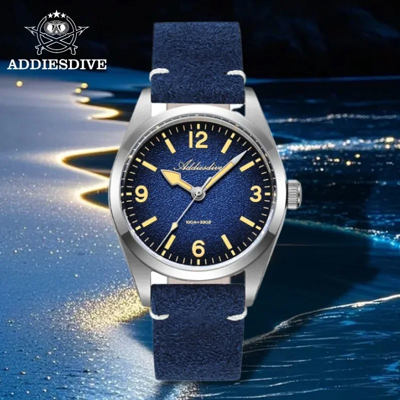 ADDIESDIVE Leather Strap Reloj Men's Sapphire Glass Watch 10Bar Waterproof AD2544 C3 Super Luminous Quartz Watch Reloj Hombre