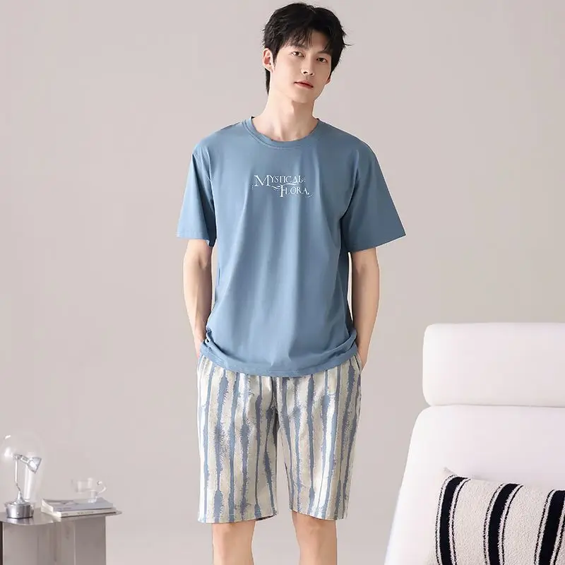 2026 Summer Plus Size  Short Sleeve 100% Cotton Casual Striped Pajama Sets for Men Loose Sleepwear Pyjamas Homewear Home Clothes