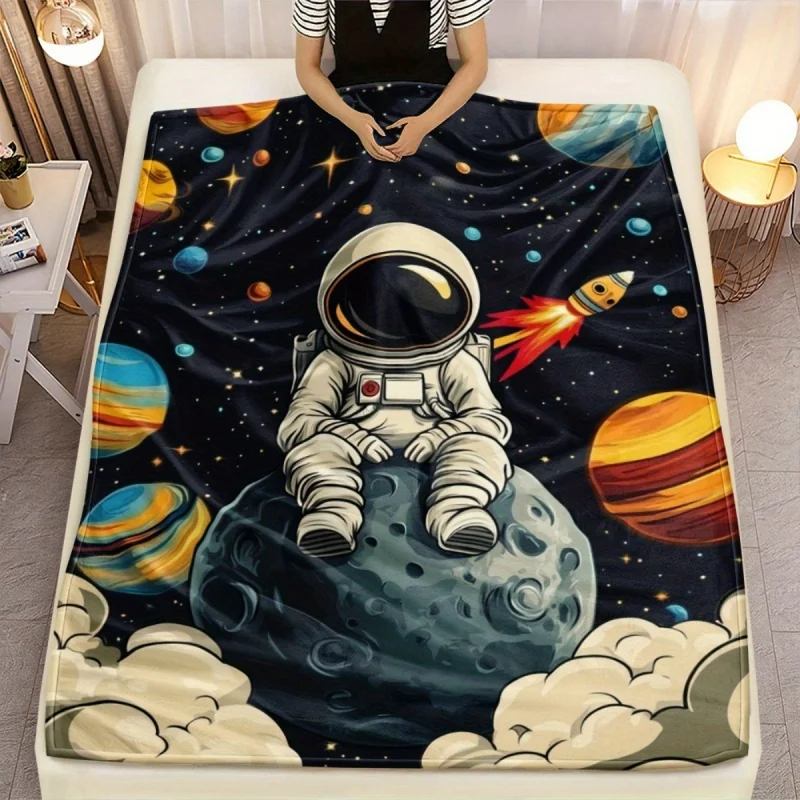 Astronaut Planet Universe Throw Blanket, Space Rocket Galaxy Printed Soft Warm Flannel Blanket for Sofa Bedroom