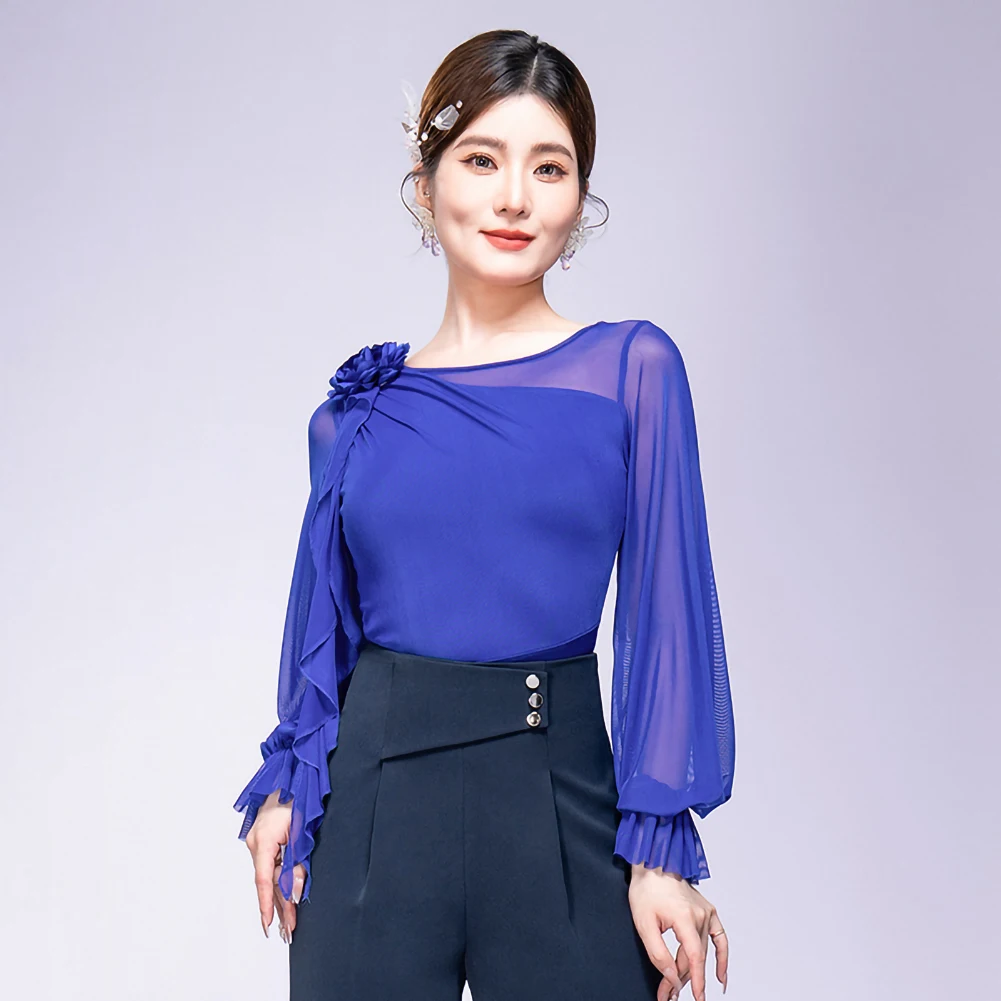 Top latino feminino azul escuro em torno do pescoço tridimensional flor roupas femininas novo vinho vermelho prática samba lanterna manga