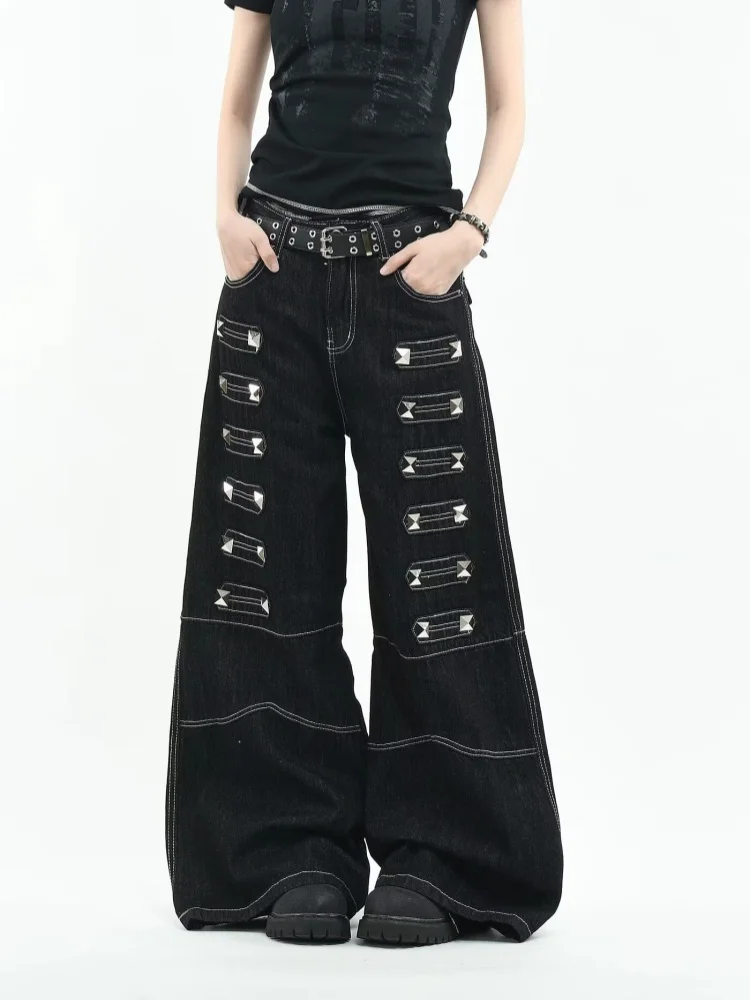 

2026 Gothic Y2K Style Patchwork Rivet Design Black Baggy Women's Jeans Pants For Woman Clothes Straight Streetwear Long Trousers