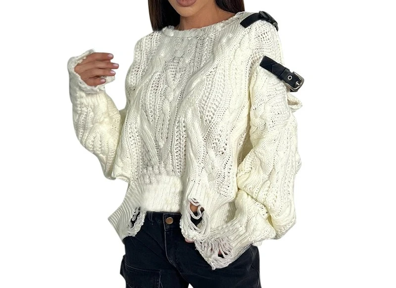 2025 خريف شتاء جديد الجوف خارج ممزق تصميم سترة فضفاضة طويلة الأكمام تريكو