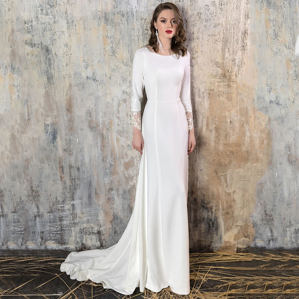 Customized Weilinsha Jersey Long Sheath Wedding Dresses Lace Sleeves Appliques Scoop Neckline Bridal Gowns Custom Made Robe De M