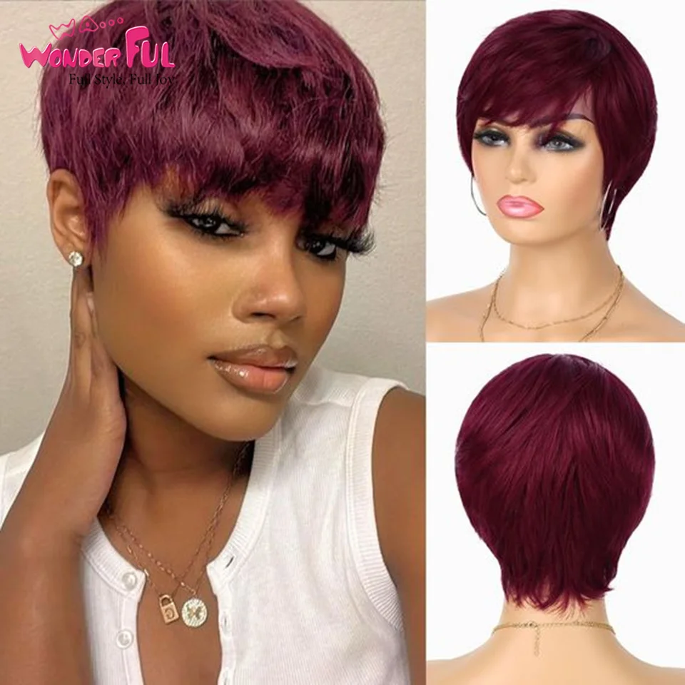 Wonderful Red Burgundy 99J Color Short Bob Pixie Cut Wig With Bangs Straight Remy Human Hair Wigs For Women Machine Made Wigs