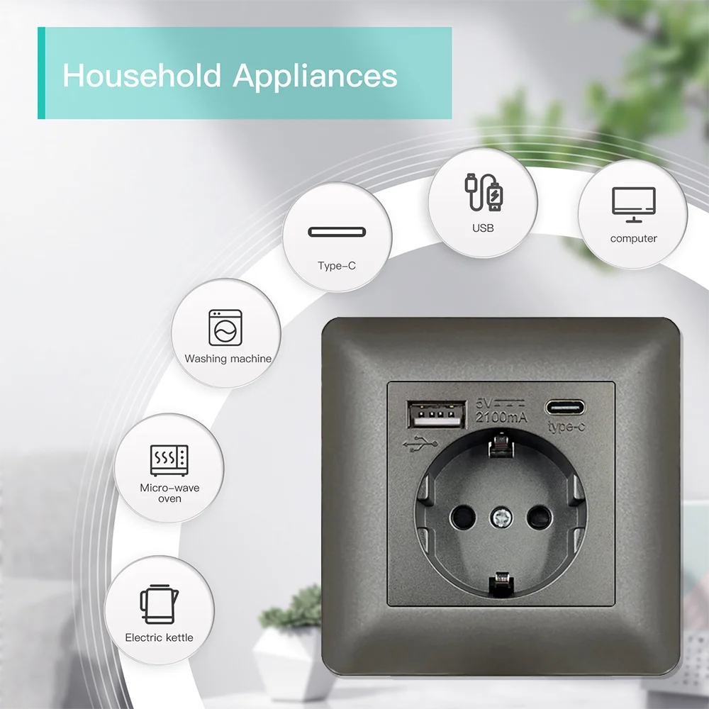 EIOMR Wall Electrical Outlets with Type-C USB Plug TV Rj45 Interface Grey Flame Retardant Plastic Panel Single and Double Socket