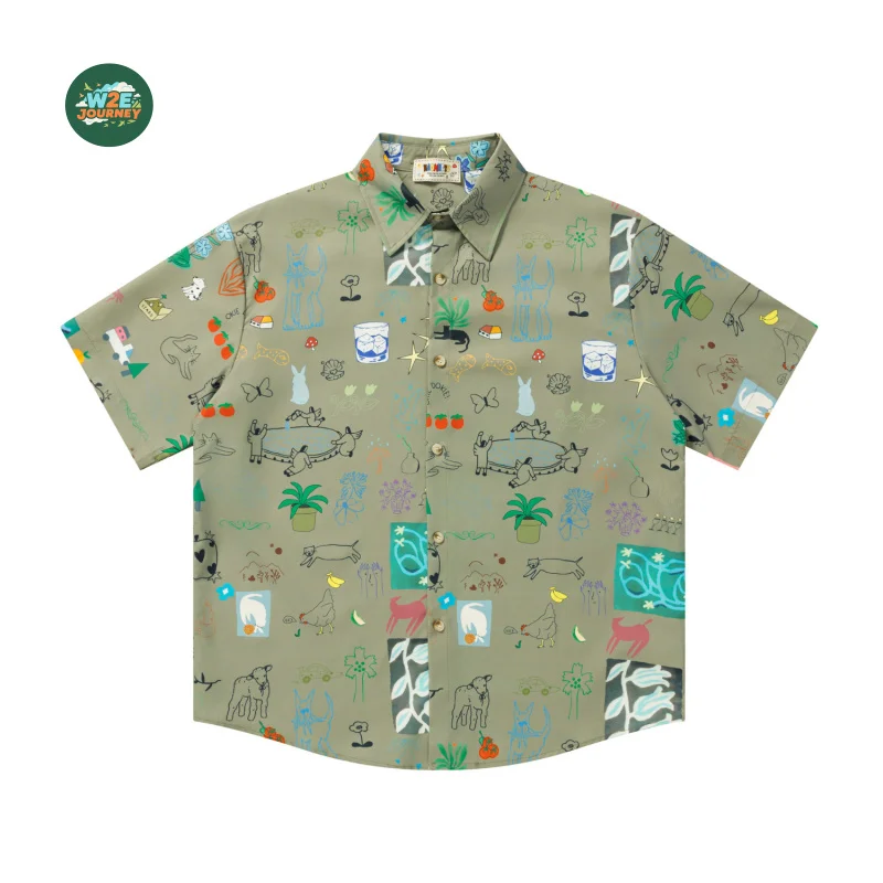 W2EJOURNEY EU US Size Luxury Quality Casual Shirt Outdoor Wear Retro Summer Cartoon Graffiti Print Short Sleeve Shirt