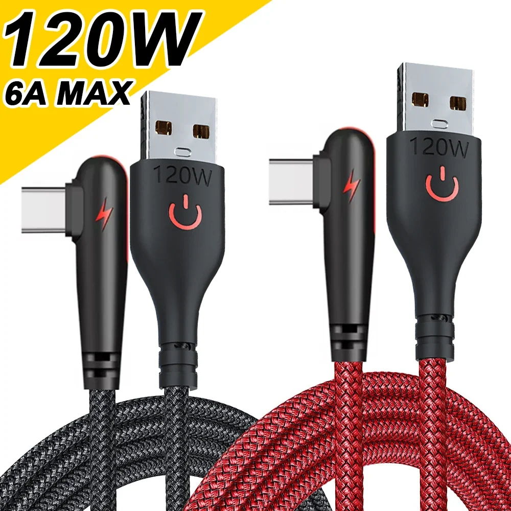 

120W Fast Charging USB Type C Data Cable Nylon Braided 90 Degree Elbow Right Angle Charger Wire Cord for Android Xiaomi