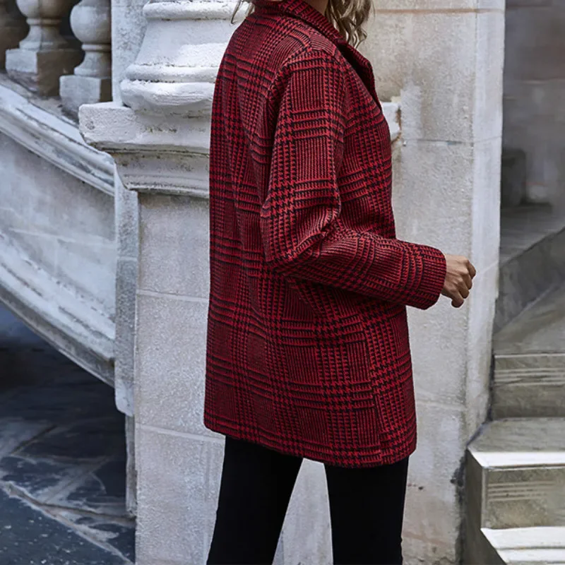 Winter Houndstooth Plaid Turn Down Jas Dames Fashion Knoop Lange Mouwen Woon-Werkjas Vrouwen Herfst Lente Pak Jas