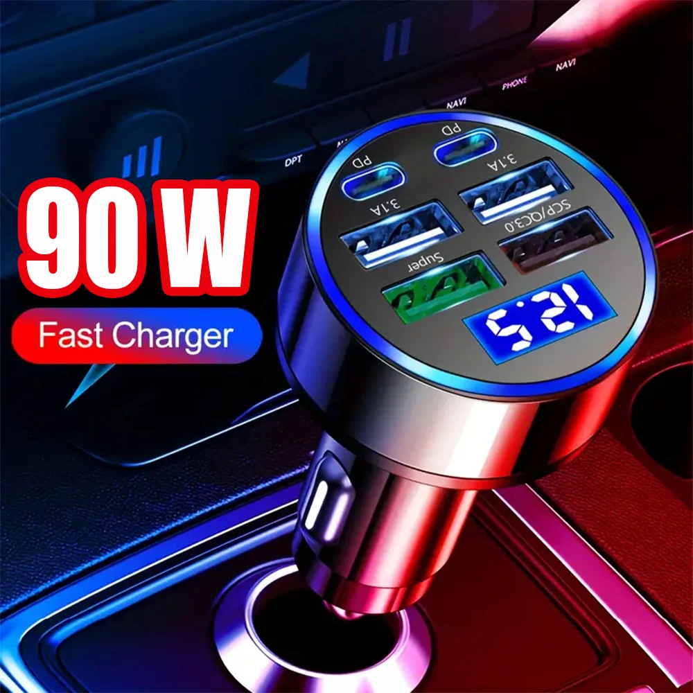 

90W 6 Ports Car Charger Fast Charging PD+QC3.0 USB C Car Phone Charger Type C Adapter in Car For iPhone Samsung Huawei Xiaomi