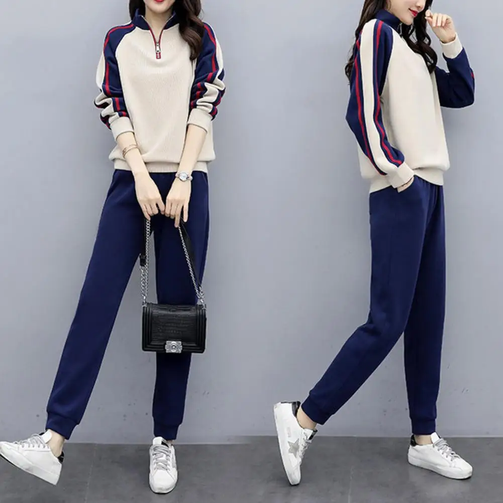 Casual Autumn Winter Suit for Women Women's Color Matching Tracksuit Set with Stand Collar Sweatshirt Elastic Waist for Fall