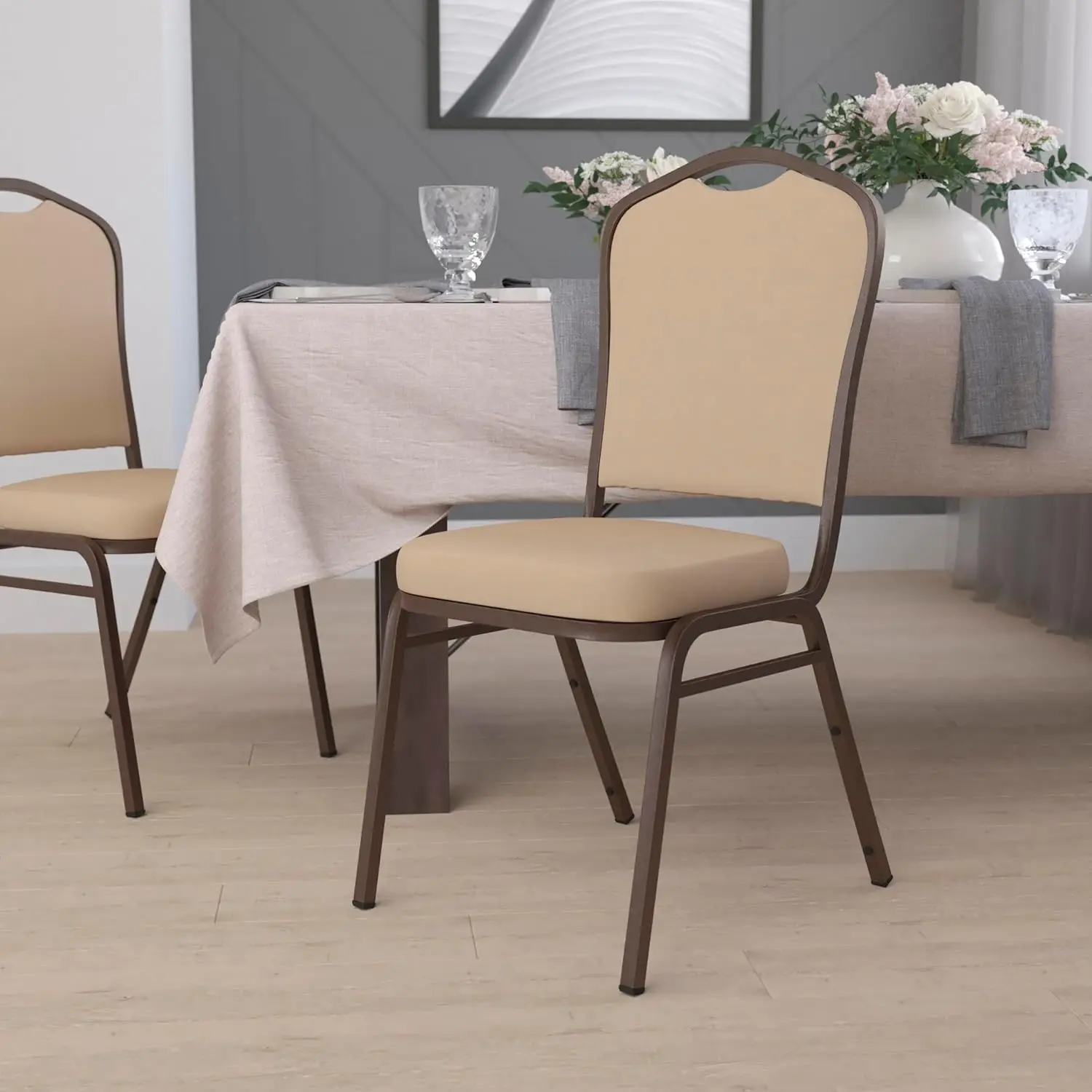 

Crown Back Stacking Banquet Chair Vinyl Upholstery Copper Vein Frame Indoor Event 18x21x33in Custom