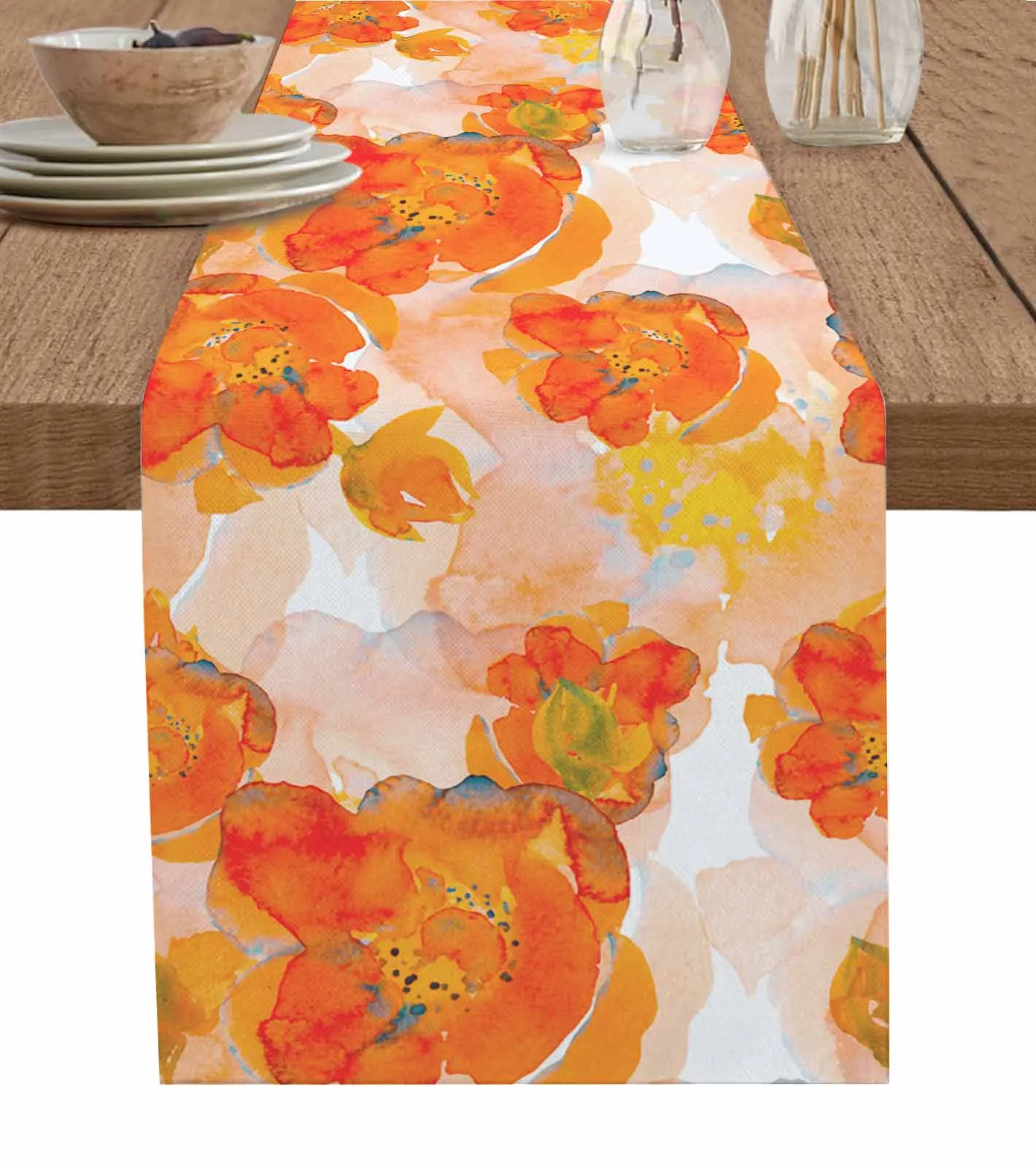 Hand Drawn Flowers In Orange Table Runner Wedding Dining Table Decoration Table Runner Holiday Dining Tablecloth