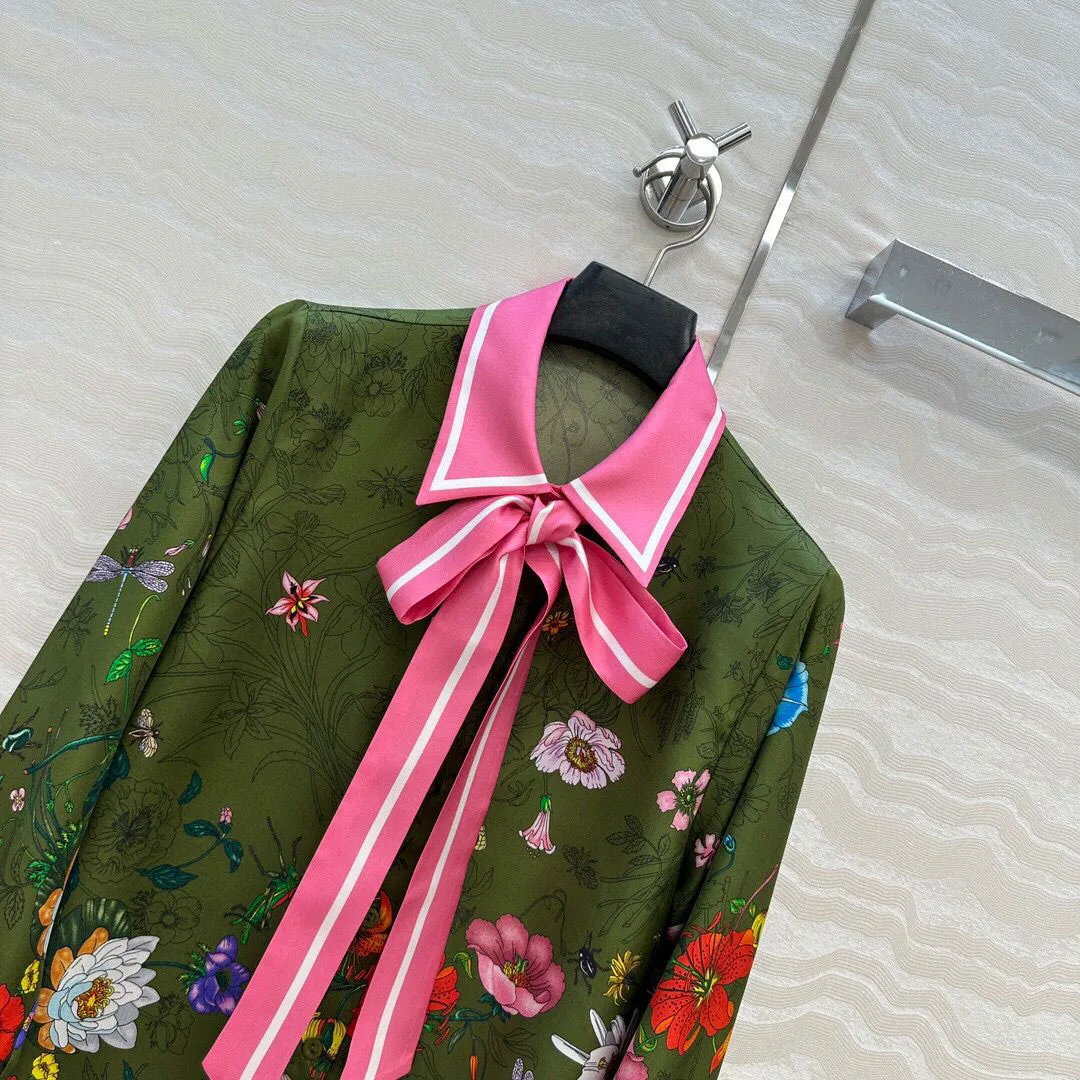 

Vintage Floral Print 100% Twill Silk Shirt Women Lapel Lace-up Bow Collar Long Sleeve Contrast Patchwork Sweet Loose Blouse Tops