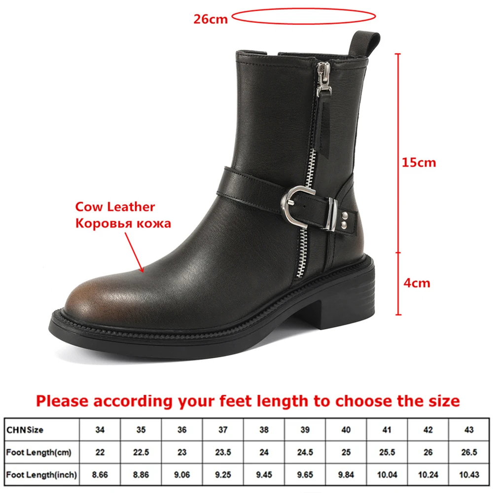 MILI-MIYA Ladies' Vintage-Style Brushed Cow Leather Ankle Boots Round Toe Slip-Resistant Chunky Heel Casual Boots Handmade