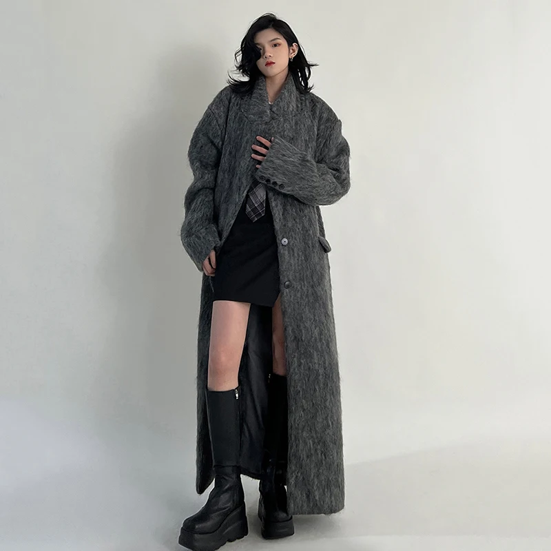 

Autumn Korean Women Faux Woolen Coats Y2K Fashion Winter Solid Thicken Long Jacket Female Loose All Match Fluffy Blends Outwear