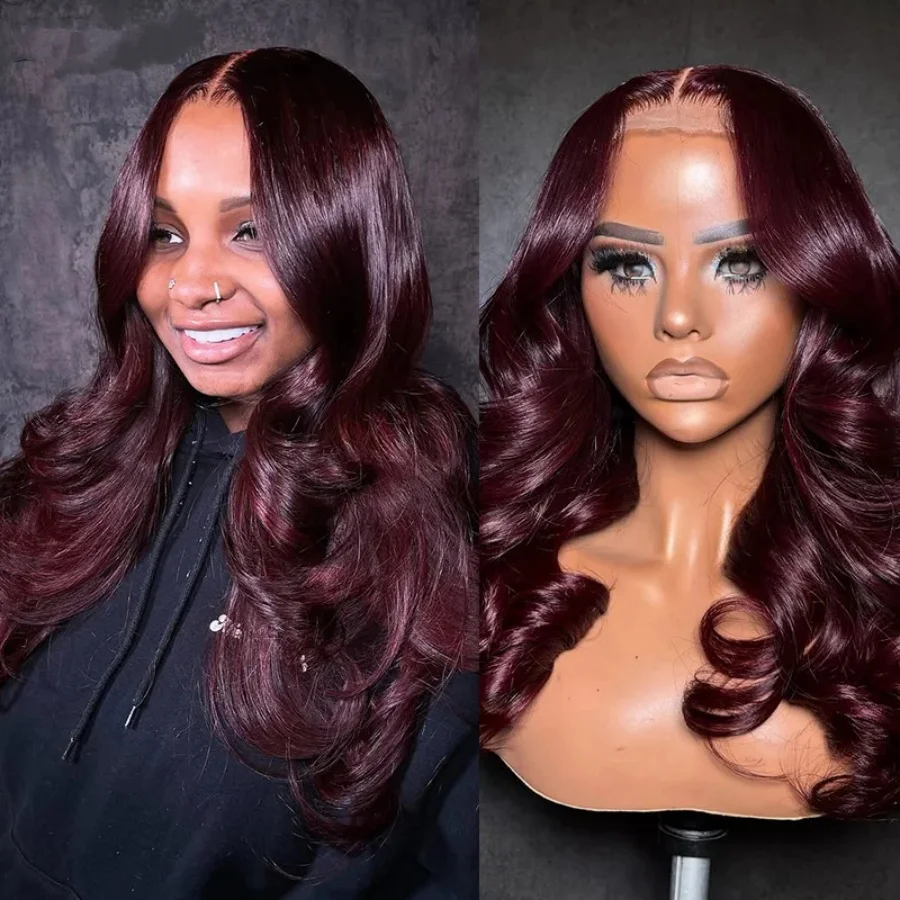 

200% Dark 99J Colord 13x4 HD Прозрачные кружевные фронтальные парики Объемная волна 99J Бордовые человеческие волосы Бразильские предварительно выщипанные для женщин