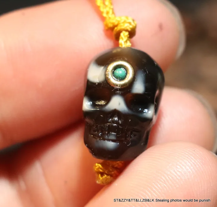 Treasure Magic LKbrother Energy Tibetan old Agate skull Carving dZi Bead Pendant Amulet Talisman