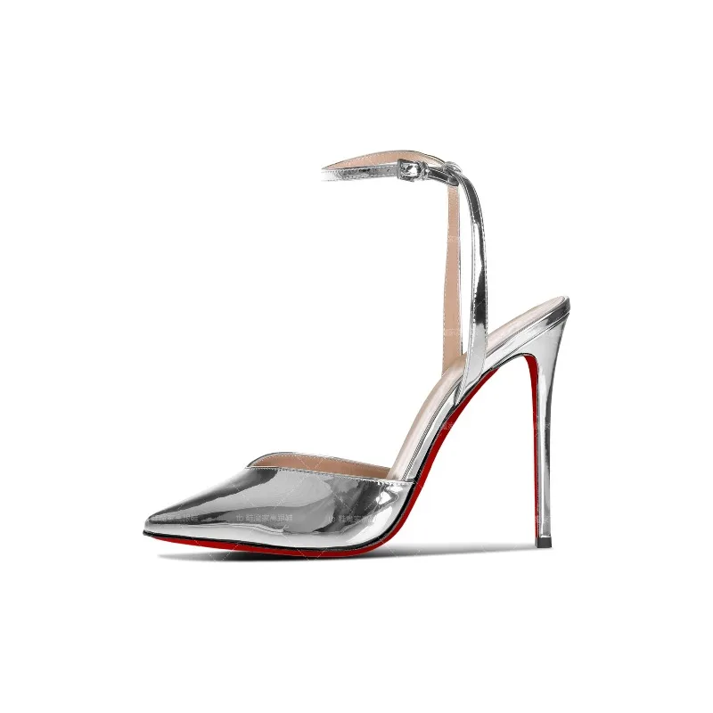 

Sexy silver V-neck high-heeled shoes for women, new pointed ultra-fine heel with a single buckle and oversized sandals