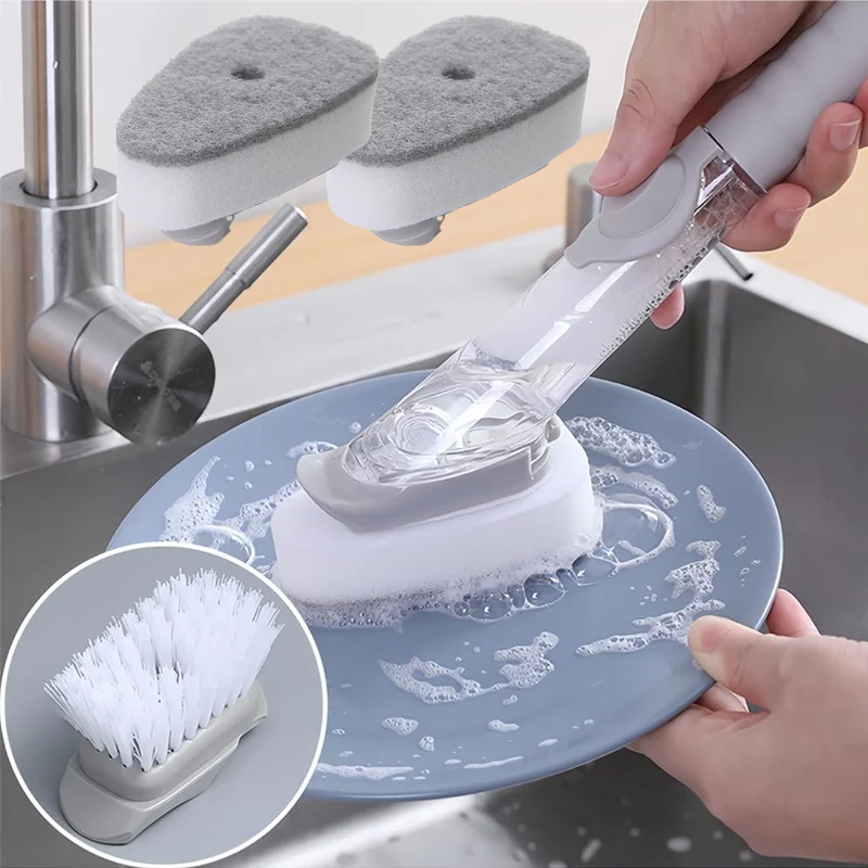 2 in1 Kitchen Cleaning Brush with Removable Brush head Sponge Soap Dispenser Dish Washing Brush Set Kitchen Clean Tools