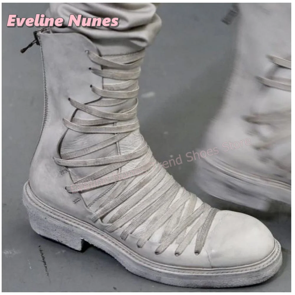 Vintage Distressed Multi Wrap Pumps Wide Laces Round Toe Platform Mid Calf Boots Women Gothic Designer Street Style Footwear