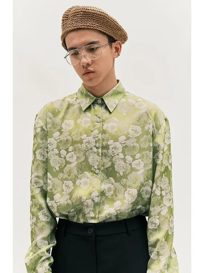 

High-end Dipped Pattern Men's Shirt Spring and Summer Lightweight Satin Rose Retro Green Printed Loose Casual Long-sleeved Shirt