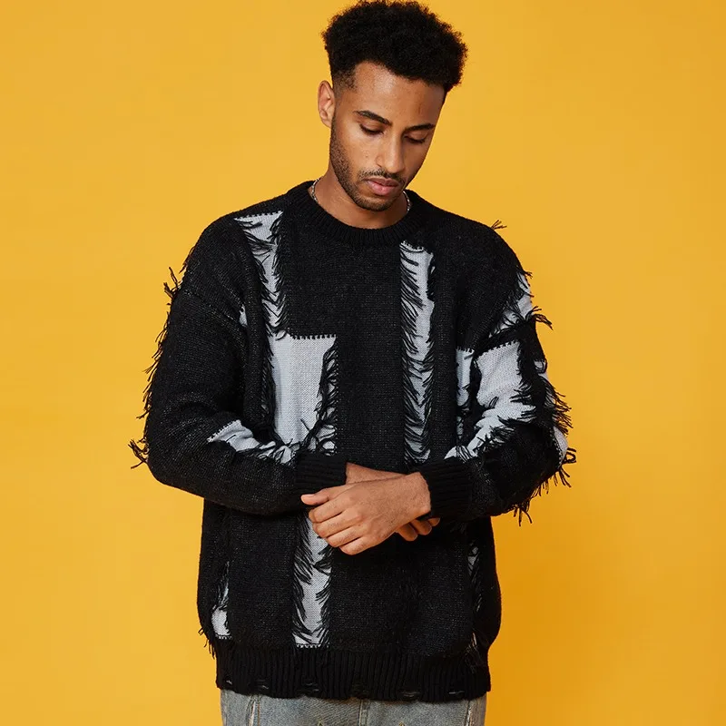 Autumn Winter Men's Sweaters Hip Hop Punk Riped Hole Sweater Men Women Harajuku Fashion Hollow Out Vintage Knitted Pullover