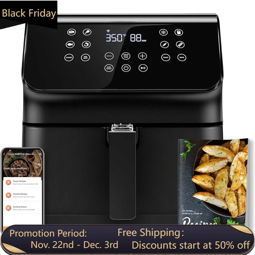 

Air Fryer12 One-Touch Customizable Functions, 3-Way Control, Cookbook and Online Recipes, Dishwasher-Safe Detachable Basket