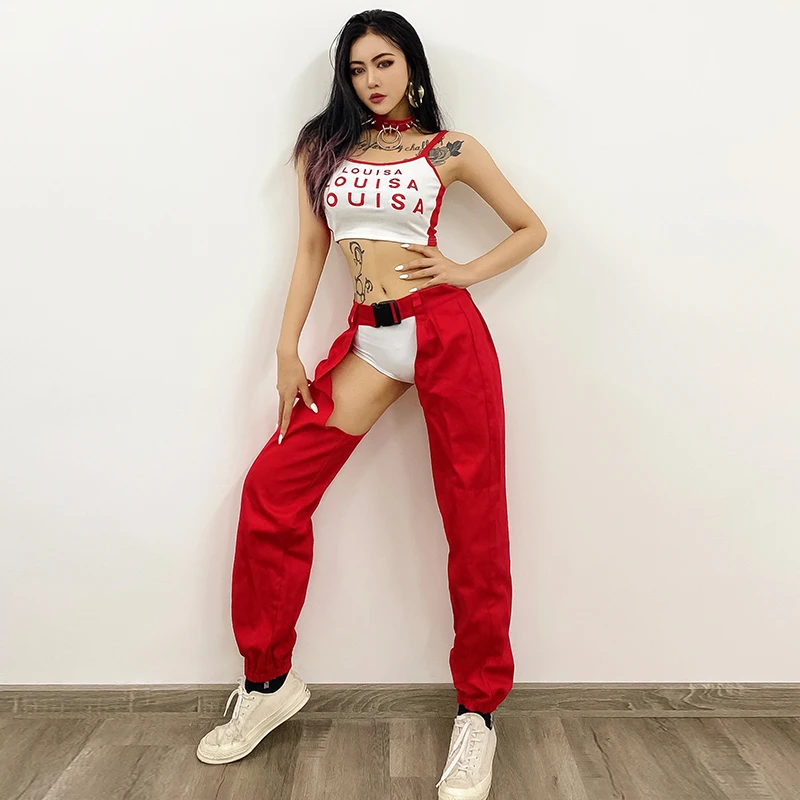 Sexy Open Crotch Pants For Women Pole Dance Clothing Vest Red Trousers Suit Hiphop Jazz Performance Rave Outfit GOGO Costume