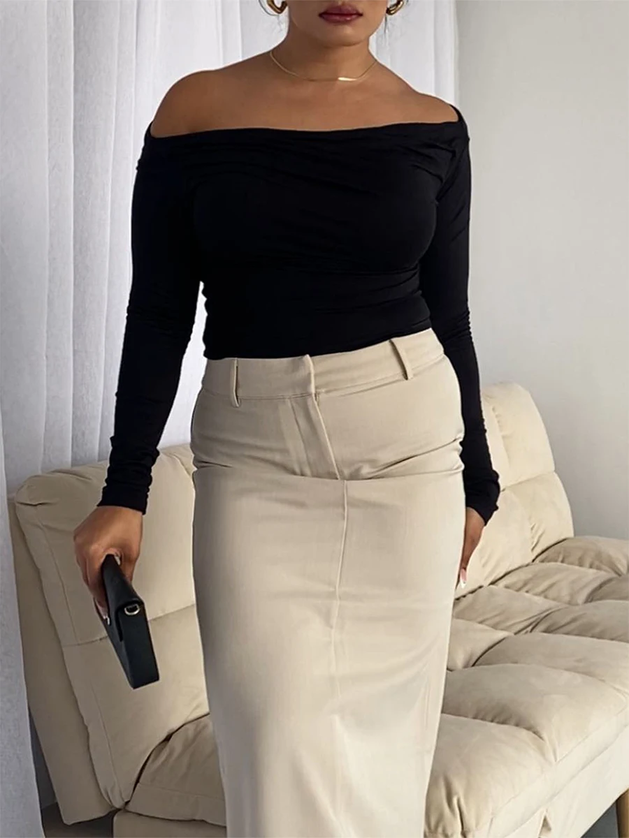 Women Sexy Ruched Off Shoulder Tops Long Sleeve Boat Neck Slim Fit Going Out Crop Top Y2k Tight Shirts