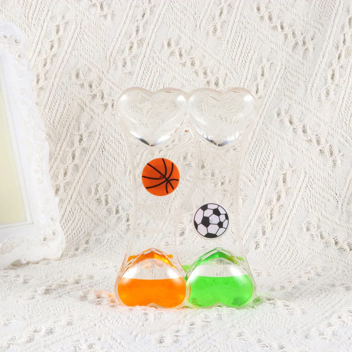 

Double Peach Heart Oil Leak Timer Orange Green Color Funny Hourglass Ornament for Desktop Office Dorm Decor Valentine's Day