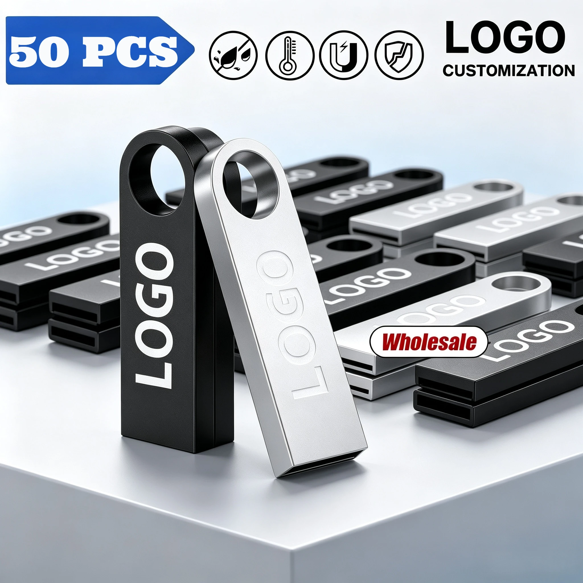 50PCS Custom LOGO USB Flash Drive 4GB 8GB 2.0 High Speed Pen Drive 16GB 32GB 64GB 128GB metal usb sticks with key