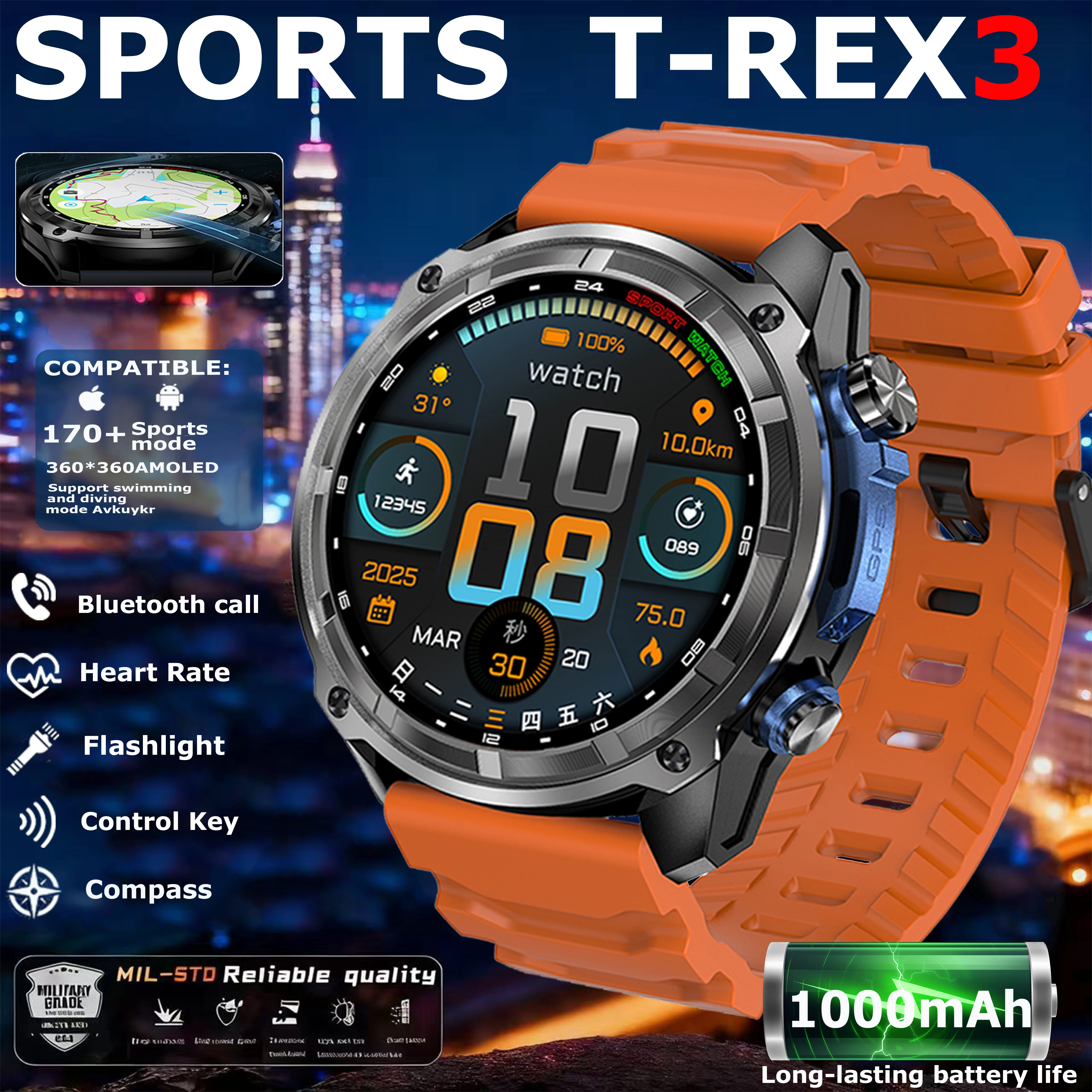 

New T-Rex 3 GPS Smart Watch 1.53" AMOLED 3ATM Waterproof Built-in Dual-band GNSS Compass Military Sport Smartwatch Men Bracelet