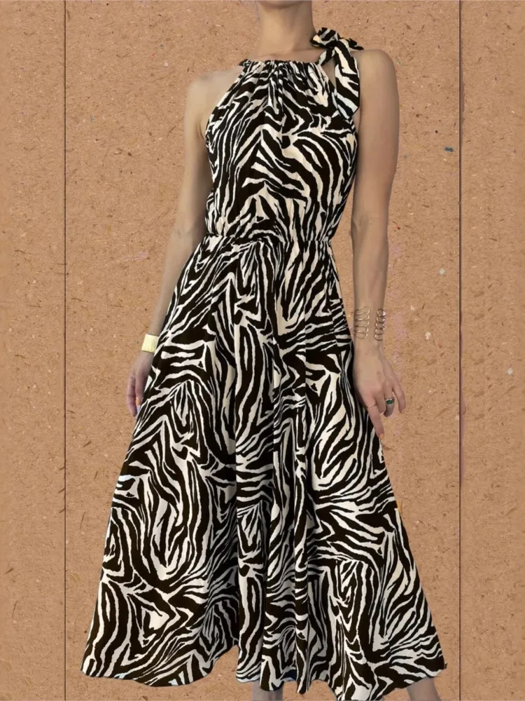 

Lady Halter Striped Print Dress Fashion Sleeveless High Waist Pullover Loose Dresses For Women Elegant Holiday Womens Clothing
